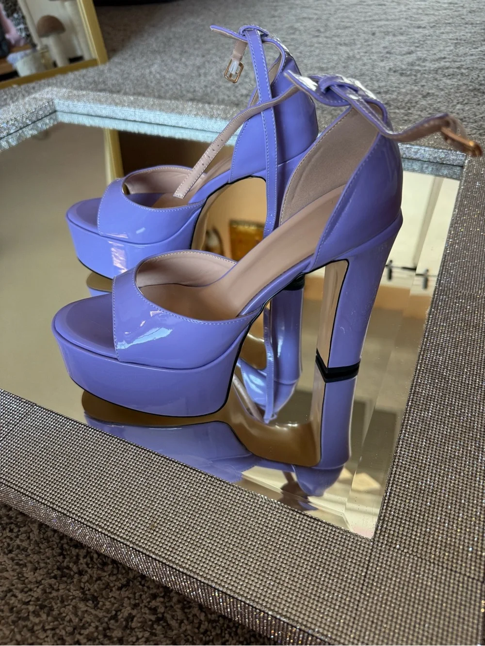 Lavender Patent Platform Sandals with Ankle Tie